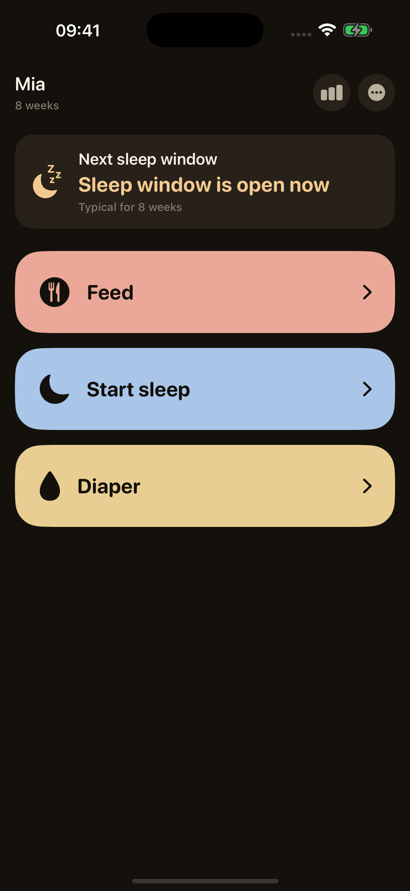 BabyLog home screen with feed, sleep, and diaper controls