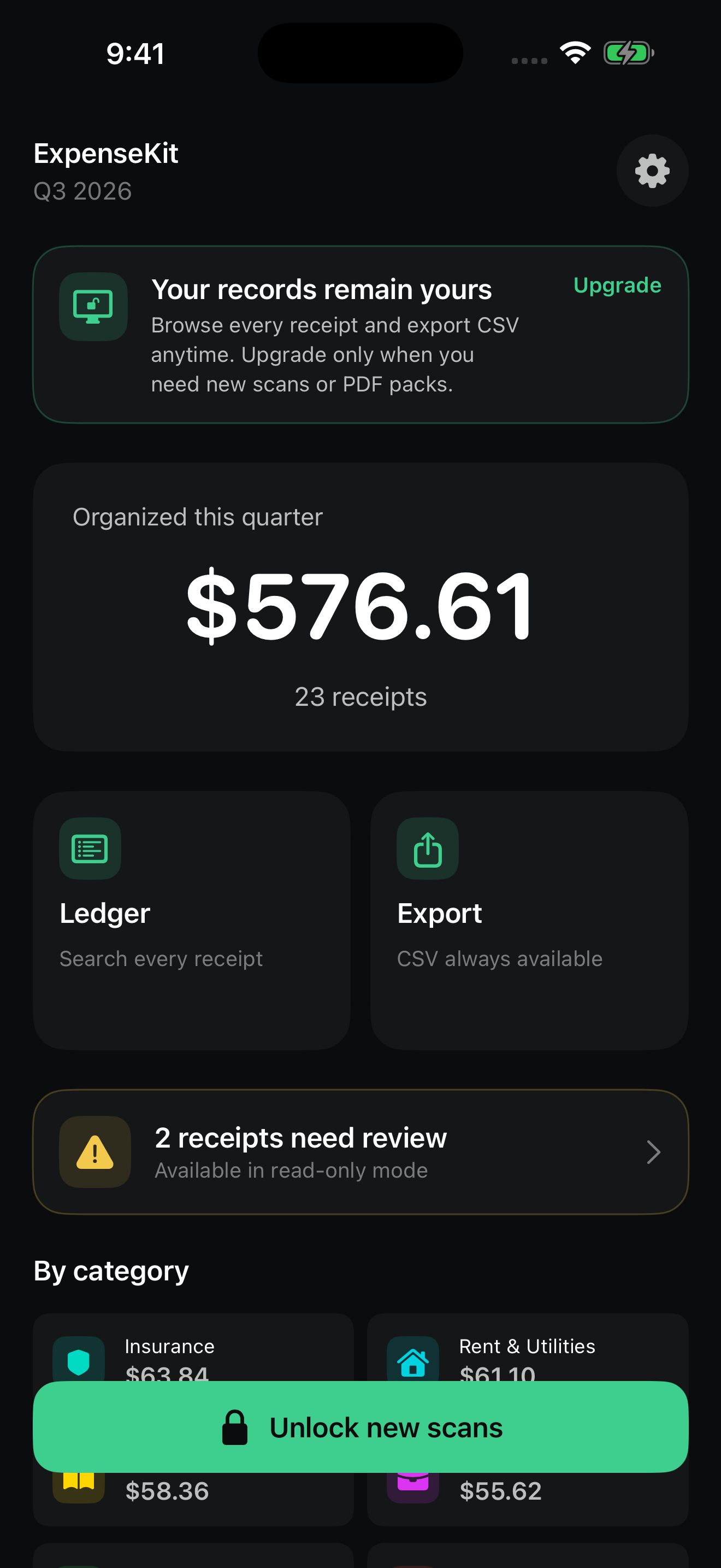 ExpenseKit dashboard with quarterly receipt total, ledger, and export controls