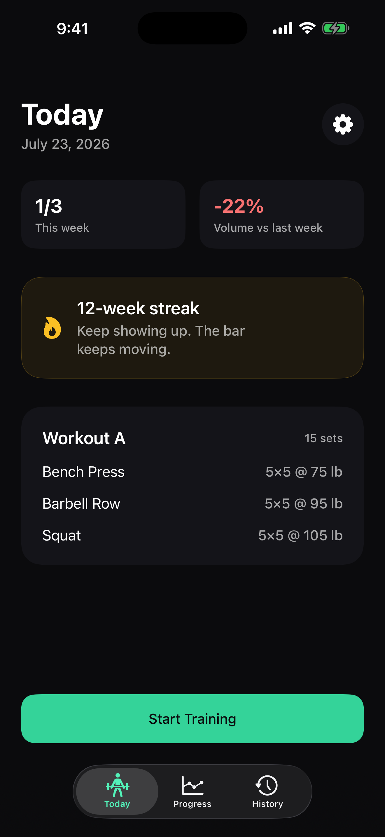 Liftlog Today screen with weekly progress and a beginner strength workout