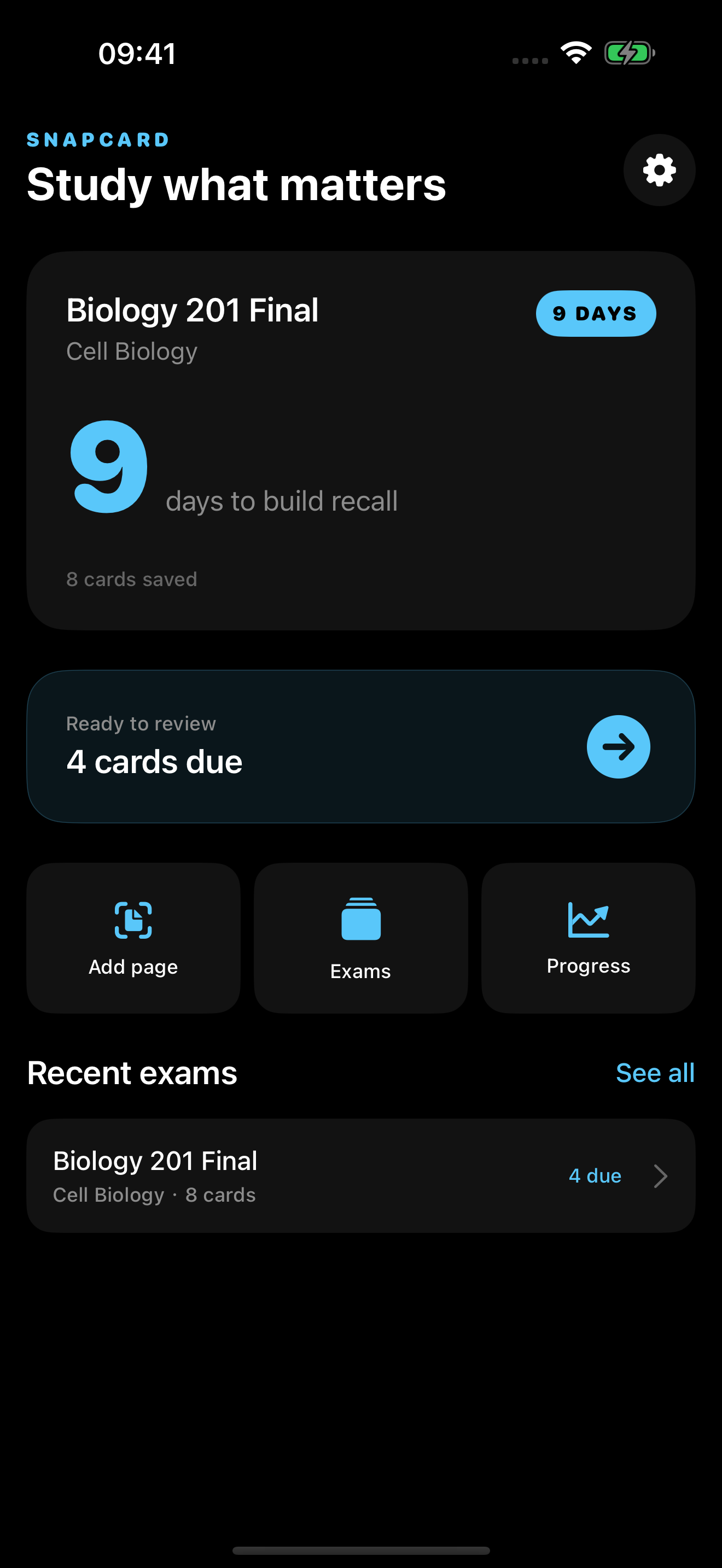 Snapcard Today screen showing an exam countdown and flashcards due