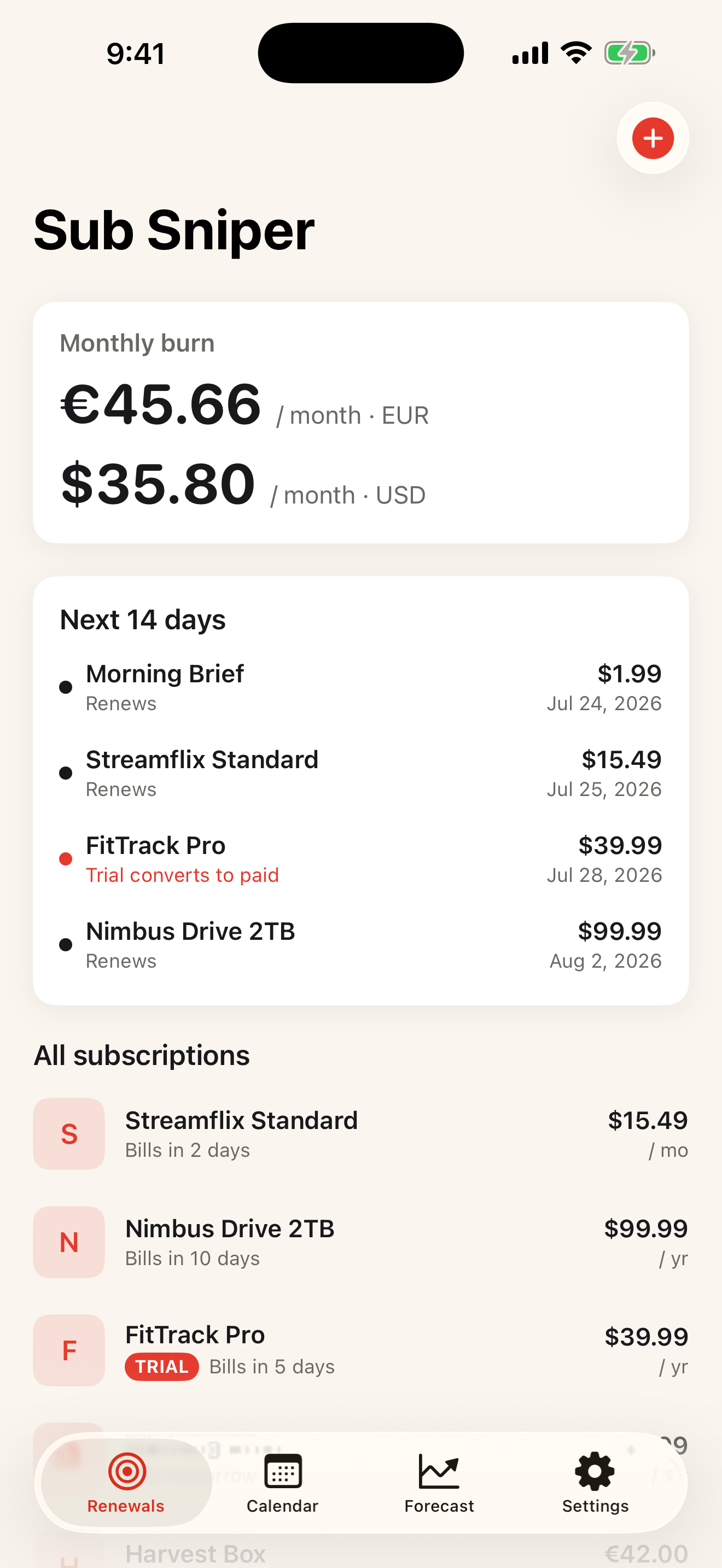 Sub Sniper dashboard showing monthly subscription costs and upcoming renewals