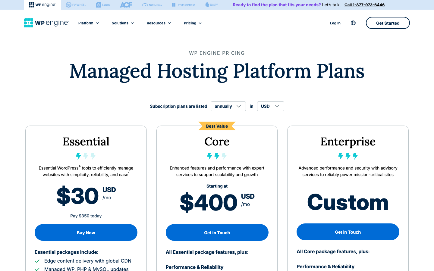 WP Engine official plans page, captured June 2026