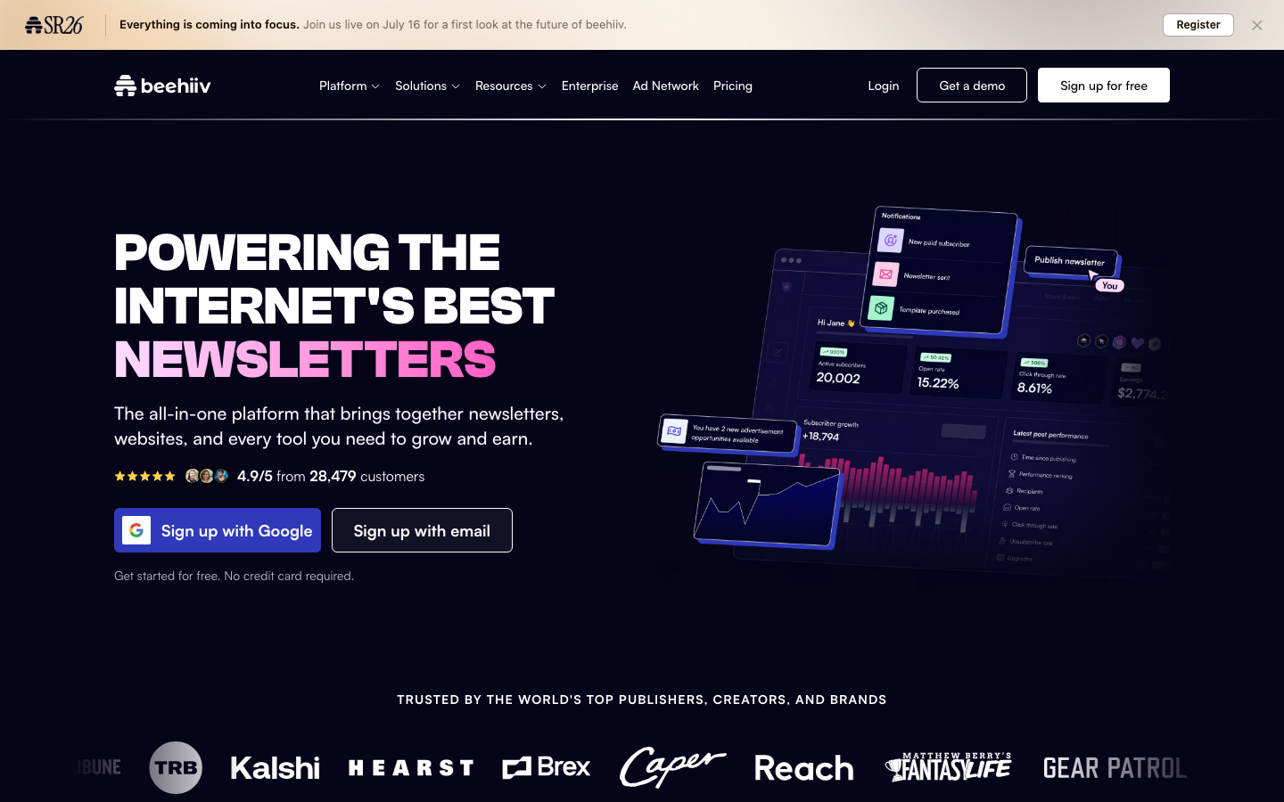 beehiiv official website, captured June 2026