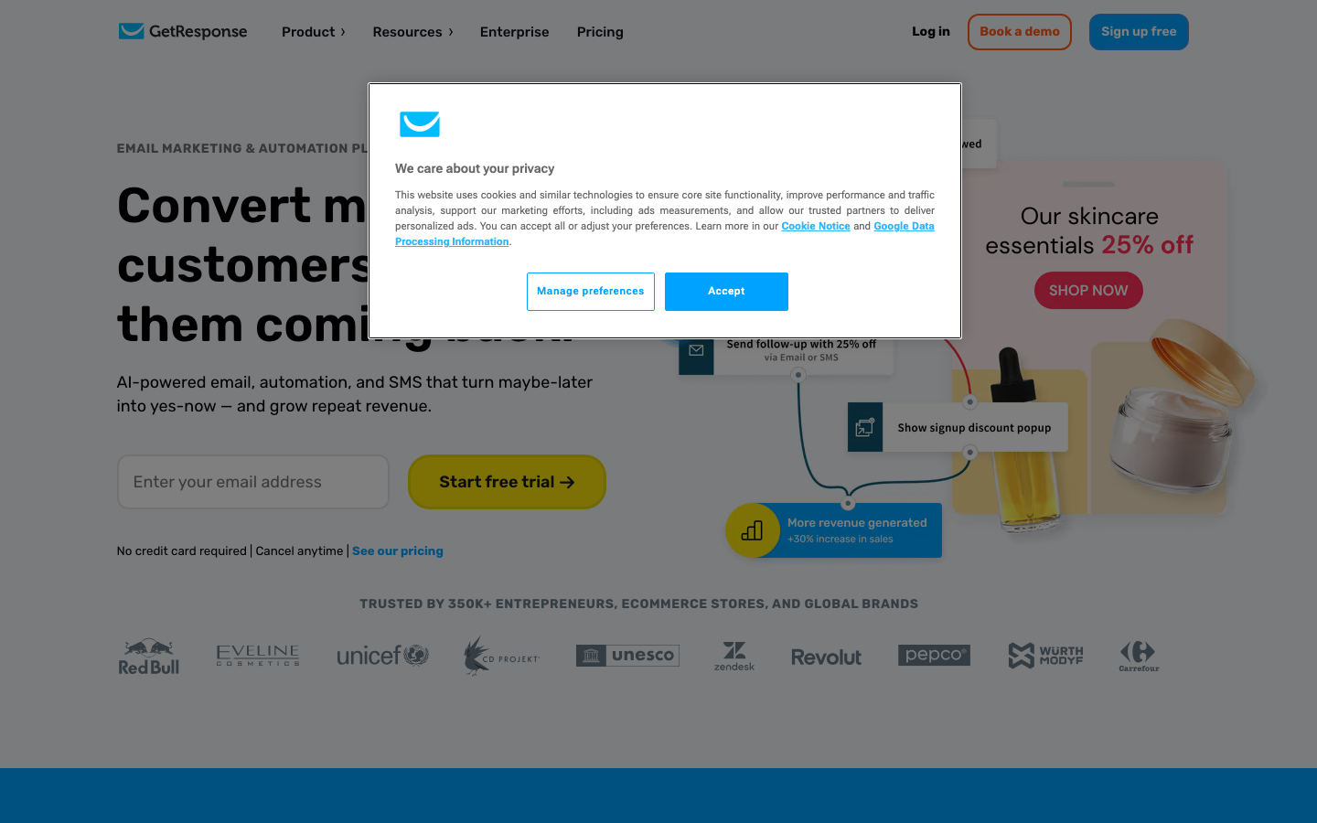 GetResponse official website, captured June 2026