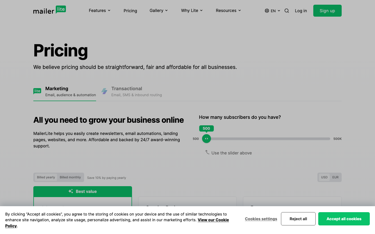 MailerLite official website, captured June 2026