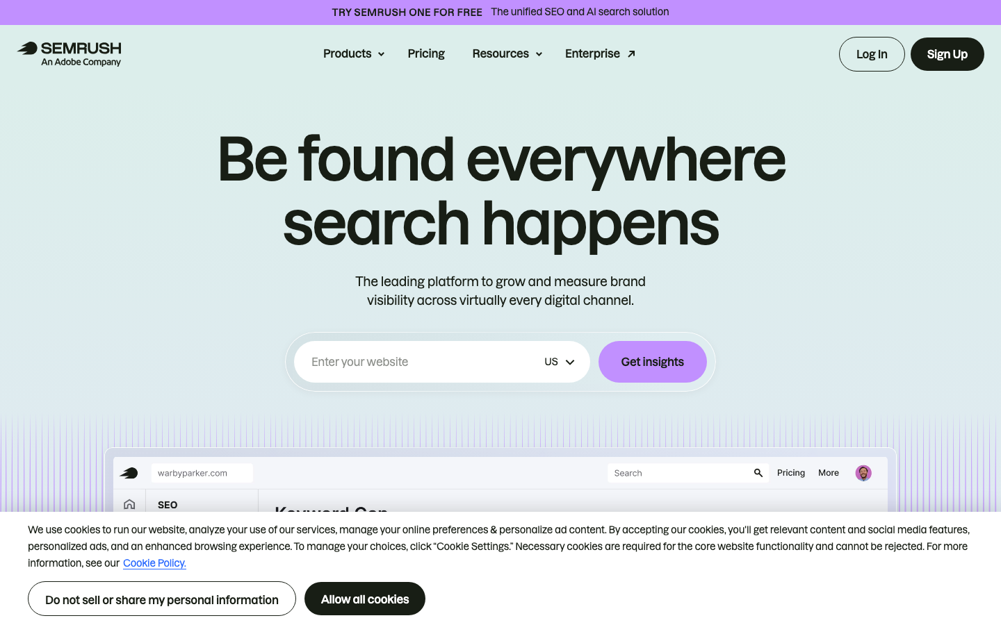 Semrush official website, captured June 2026